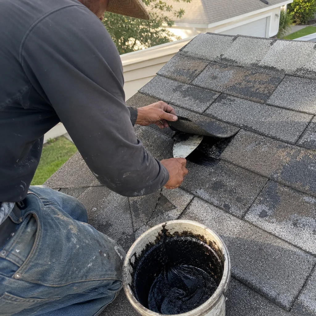 Professional roofer applying sealant to repair asphalt shingles on a roof