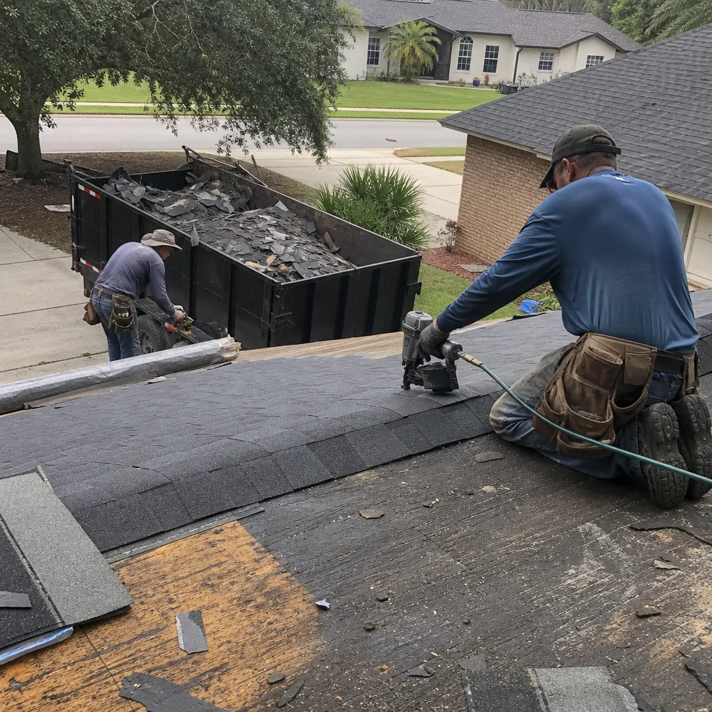 Roofers installing new asphalt shingles during a professional roof replacement project.