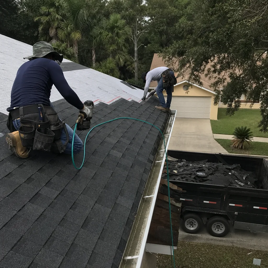 Two professional roofers installing new shingles during a residential roof replacement.