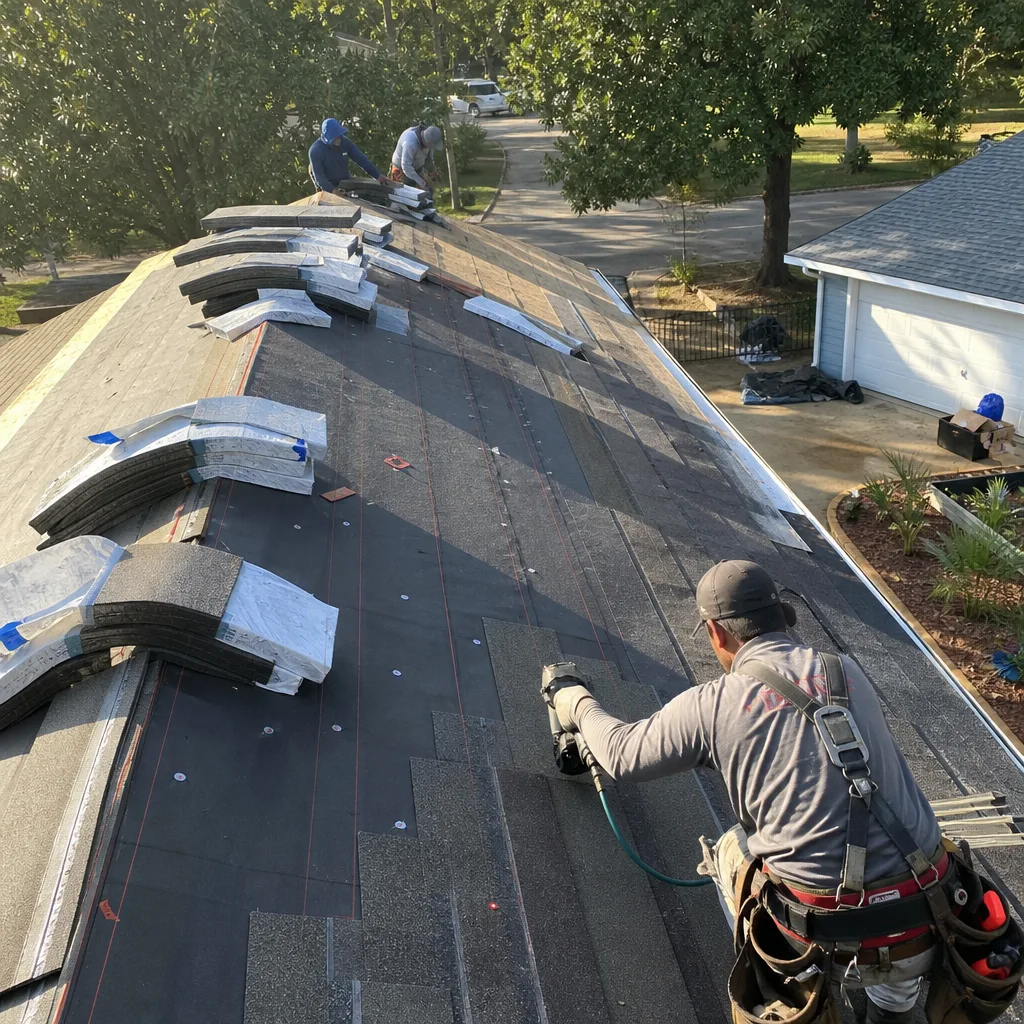 Roofers installing new asphalt shingles during a professional roof replacement project