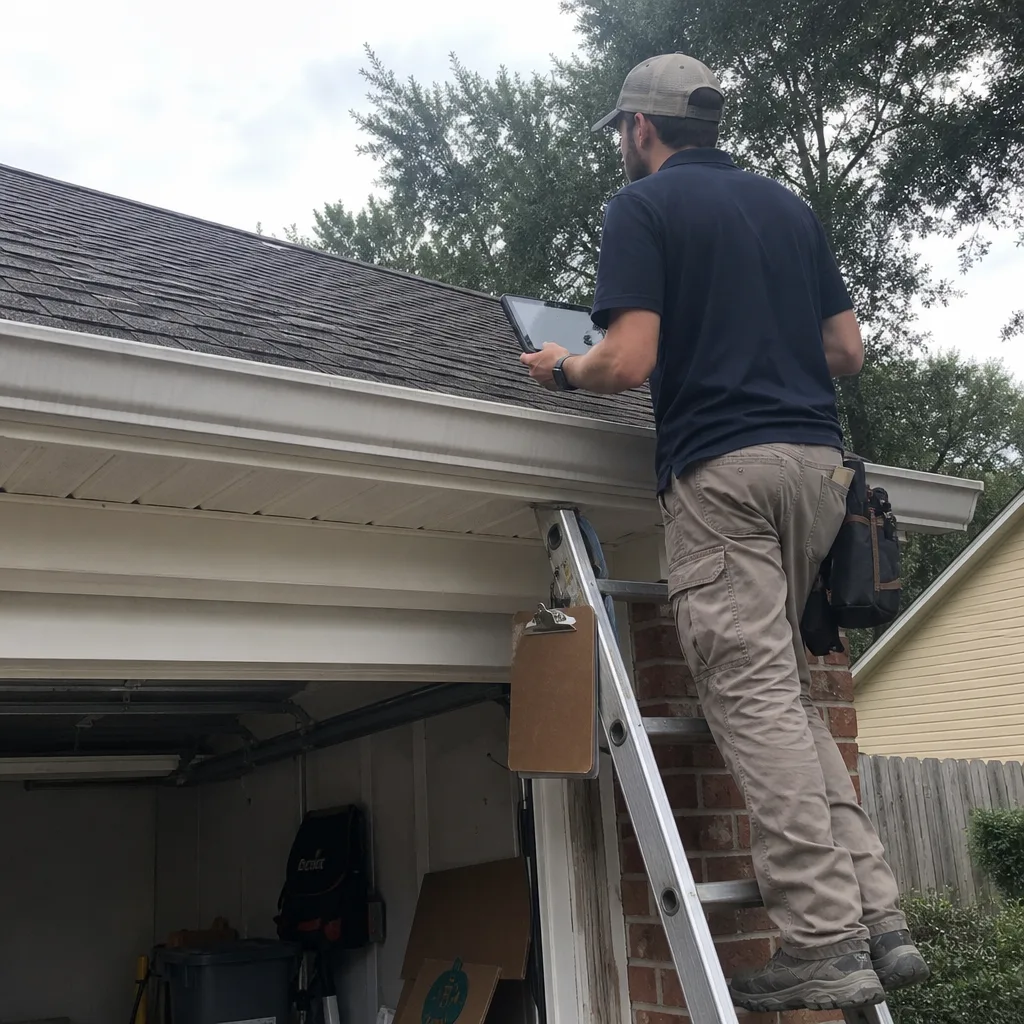 Roofing professional inspecting residential garage roof shingles with a digital tablet