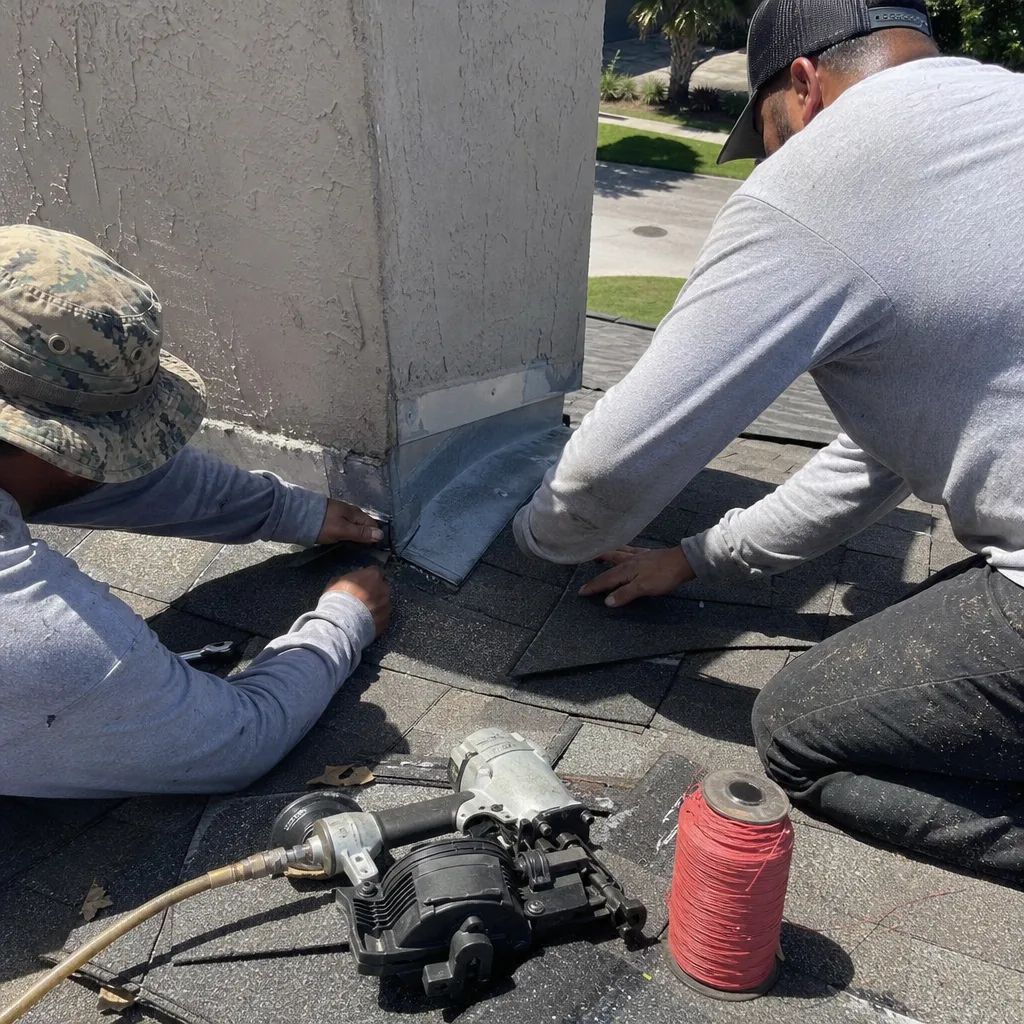 Two roofers installing shingles and flashing around a chimney on a roof